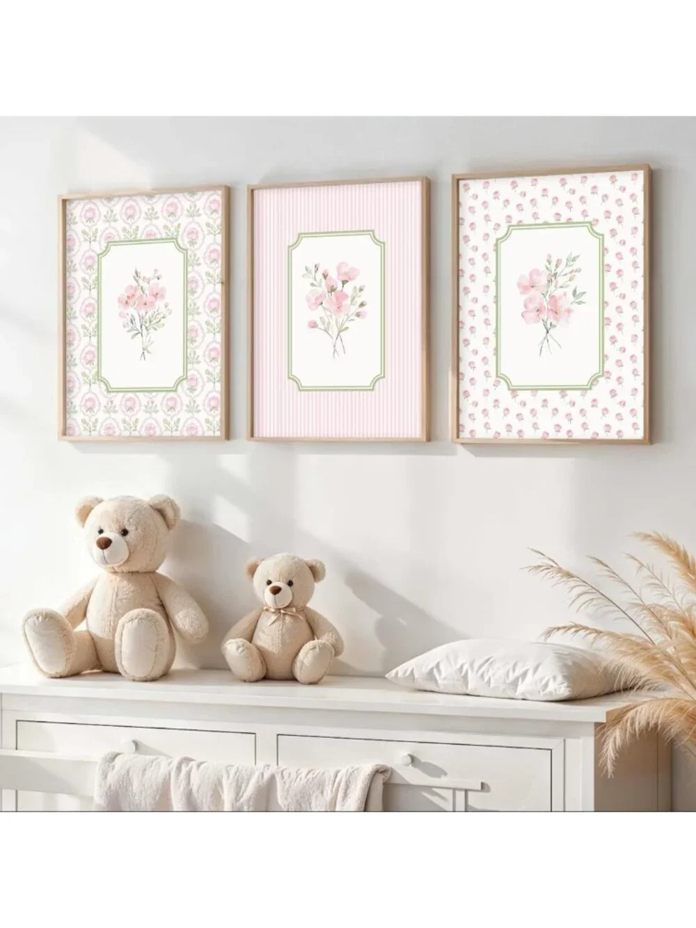 Pink Floral Nursery Wall Art Set - Watercolor Botanical Prints for Baby Girl